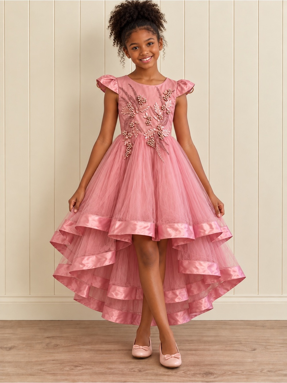 Girls' Pink Embellished High-Low Tulle Dress